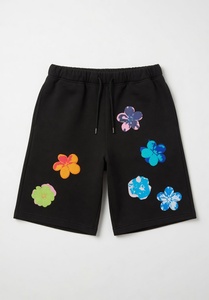 Black Floral Embroidered Breathable Canvas Women's Shorts <b>Skirts</b> <b>Elastic</b> <b>Waist</b> Drawstring Casual Kangaroo Pocket Summer - Product Image 1