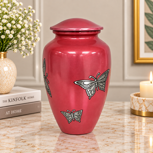 Urne funéraire en métal lilas avec élégantes détails ondulés dorés, corps arrondi, couvercle ajusté, récipient commémoratif pour cendres - Product Image 4