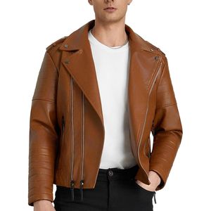 Men's Brown PU Leather Moto <b>Jacket</b> <b>Slim</b> <b>Fit</b> Turn-down Collar Zipper Closure Regular Sleeve Autumn Style - Product Image 1