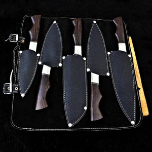 Ensemble de couteaux de cuisine en acier Damas japonais, 5 pièces, manche en bois, couteau de chef, Santoku, couteau utilitaire, avec étui en cuir - Product Image 4