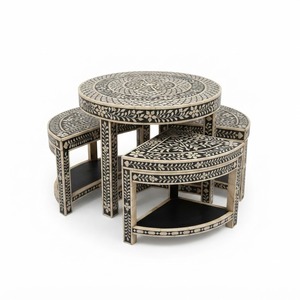 Mesa de Centro Redonda de Resina con Incrustaciones de Hueso Azul, Hecha a Mano, Venta al Por Mayor, Artesanía India de Lujo para Sala de Estar - Product Image 2