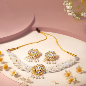 Conjunto de Collar Gargantilla con Cuentas de Piedra Kundan, Circonita y Diamantes, Patrón Geométrico Dorado, de Cobre, para Bodas y Fiestas - 10575500WH - Product Image 3