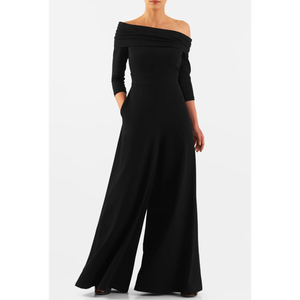 Mono de noche con hombros descubiertos y pierna ancha, estilo Bardot con dobladillo, tipo Palazzo, con cuello drapeado, color negro - Product Image 1