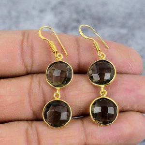 Smoky Quartz Round Cut Gemstone 925 Sterling <b>Silver</b> Gold Plated Trendy Wedding Hook Wire <b>Dangle</b> <b>Earrings</b> for Women - Product Image 2