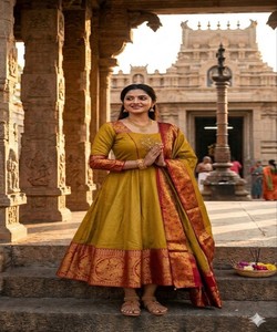 Robe traditionnelle en coton Kanchi avec bordure en Zari, longueur au sol, avec dupatta, tenue ethnique pour femmes, mariage, Inde, Pakistan 85195 SI:-350 - Product Image 1