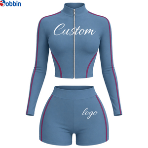 Ensemble de sport 2 pièces pour femme Hip Hop, haut à manches longues avec fermeture éclair et short taille haute, imprimé logo personnalisé, coupe sportive, printemps-été - Product Image 2
