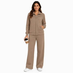 Ensemble de survêtement pour femme avec logo personnalisé, vente en gros, veste zippée intégrale, pantalon à jambe droite, col montant, vêtements décontractés et de sport, fournisseur - Product Image 1