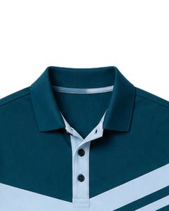 เสื้อโปโลชายสีฟ้าอ่อนและสีเขียวอมฟ้าแบบกำหนดเอง แขนสั้น สวมใส่สบาย เหมาะสำหรับกีฬากอล์ฟ ระบายอากาศได้ดี ใส่ได้ในฤดูร้อน ลายทาง - Product Image 5