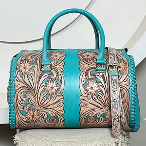 Ensemble de bagages 3 pièces en cuir véritable floral artisanal de luxe, sac de voyage vintage, sac bandoulière pour femme - Product Image 4