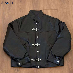 Brown Leather <b>Jacket</b> Moto Biker Style Stand Collar <b>Short</b> Length Regular <b>Sleeve</b> Solid Color Button Closure Autumn Wear - Product Image 5