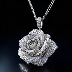 Luxury Diamond Rose Pendant Necklace 925 <b>Silver</b> Rhodium Plated <b>Box</b> <b>Chain</b> Unisex Gift Jewelry - Product Image 1