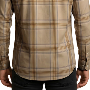 Camisa Casual a Cuadros para Hombre, Color Beige Camel, Manga Larga, con Botones, Tela Suave de Poliéster/Algodón Cepillado, Ecológica y de Secado Rápido - Product Image 6