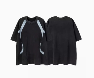 เสื้อยืดคอกลมแขนสั้นลายพิมพ์ดิจิทัลสไตล์วินเทจทรงโอเวอร์ไซส์ผ้าฝ้าย 100% แต่งลายปะติดแบบแอซิดวอชพร้อมโลโก้แบบใหม่สำหรับฤดูร้อน - Product Image 1