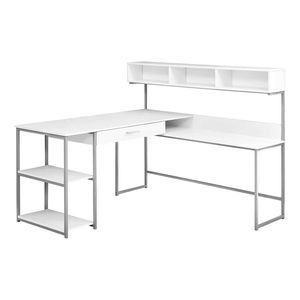 Scrivania per Computer Moderna Contemporanea in Laminato Bianco e Metallo Grigio, a Forma di L con Cassetti Portaoggetti per Ufficio e Lavoro con Laptop - Product Image 2