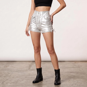 High Waist <b>Silver</b> studded leather <b>Shorts</b> With Lace-Up Front And Rivet Details Punk Style Women's <b>Shorts</b> - Product Image 1
