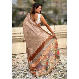 Sari en soie Katki marron à imprimé floral Elite Weaves avec bordure à passepoil, robes de cocktail élégantes 450g - Product Image 3