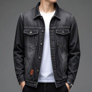 Men's Dark Blue Denim Jacket Regular Fit Turn-down Collar Washed Cotton Casual Autumn Wear Single Breasted <b>Button</b> Closure - Product Image 3