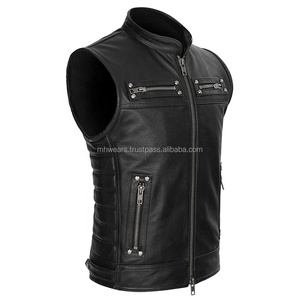 Gilet de motard en cuir noir pour homme, col montant, fermeture éclair, style moto, vêtement d'extérieur - Product Image 6