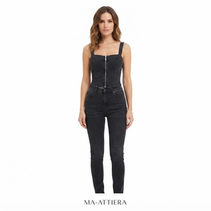 Ensemble corset en jean noir et jean skinny pour femme, fermeture éclair sur le devant, tenue décontractée deux pièces, style streetwear assorti - Product Image 1