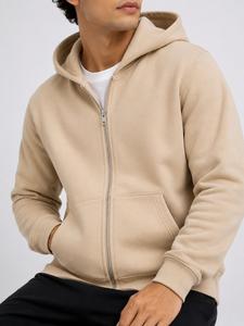 Sweat-shirt à capuche zippé intégral en molleton uni pour homme, coupe classique, manches longues, décontracté, pour l'hiver, 100 % coton tricoté respirant - Product Image 6