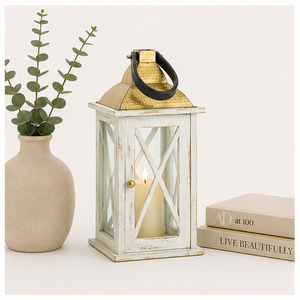 Farol Decorativo Rústico de Madera Blanca al por Mayor con Parte Superior de Metal Martillado, Portavelas de Vidrio Estilo Rústico para Decoración de Jardín - Product Image 2