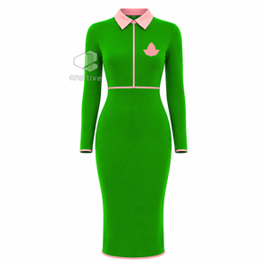 Alpha |   Kapa |   Robe moulante mi-longue verte Alpha pour femme avec col polo rose contrastant, fermeture éclair quart de tour, manches longues, coupe ajustée, style décontracté - Product Image 1