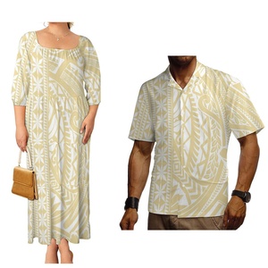 Ensemble polynésien de luxe : Robe ample à volants pour femme (grandes tailles) et chemisier décontracté pour homme, motifs de tatouages polynésiens et samoans - Product Image 2