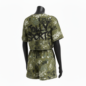 Ensemble court pour femme, crop top et short, jersey coton polyester GSM, imprimé vert street, logo personnalisé par transfert thermique, 100% coton. - Product Image 5