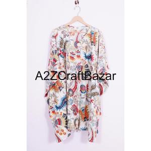Robe Kaftan en Coton pour Femme avec Jupe Imprimée à la Main, Vêtement de Nuit d'Été, Kaftan Court et Élément de Mode Simple - Product Image 6