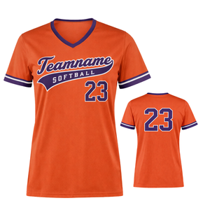 Camiseta de Softbol Sublimada con Cuello en V, Naranja y Morado, Uniforme Personalizado para Equipo con Número y Diseño Impreso en la Espalda - Product Image 1