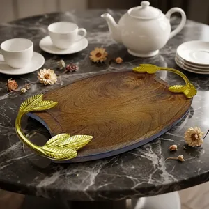 Wooden Storage Tray with Golden Leaf Handles | Decorative Serving Tray for Home Kitchen <b>Dining</b> <b>Table</b> & Living Room - Product Image 6