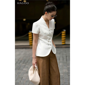 Blusa de Manga Corta con Cuello en V de Color Sólido para Mujer, Estilo Casual Elegante, Venta al Por Mayor, Modelo A8197 - Product Image 2