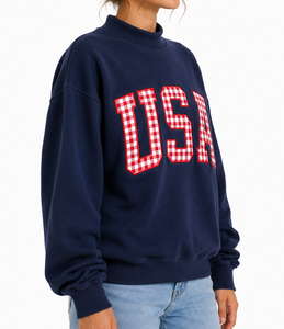 Sudadera Oversize Personalizada para Mujer con Cuello Alto, 100% Algodón, Aplique de Letra Griega y Bordado a Cuadros, Suéter de Invierno - Product Image 3
