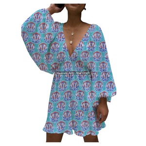 Vestido de Algodón Estampado a Mano de Alta Calidad con Cuello en V Profundo y Mangas Farol para Boda, ¡Gran Venta en Estilo Casual! - Product Image 1