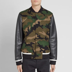 Chaqueta Bomber de Camuflaje para Hombre con Mangas de Cuero, Cuello Camisero, Estilo Casual de Otoño, Corte Regular, Cierre de un Solo Botón - Product Image 1