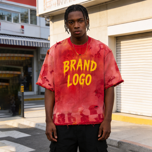 Camiseta de Algodón Vintage OEM con Efecto Desgastado y Roturas, Teñido Personalizado con Spray, Ajuste Regular, Transpirable, Ecológica, Estilo Urbano - Product Image 2