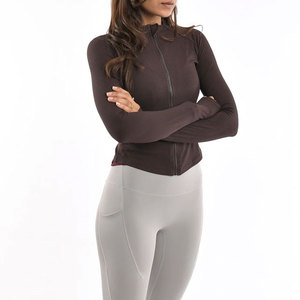 Women Sporty <b>Long</b> Sleeve Shirt Compression Short Length Tight Elastic Ribbed Material Full Zipper Lightweight Arm Hole Pattern - Product Image 5