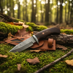 Couteau artisanal en acier Damas – Lame pleine longueur pour la chasse et le bushcraft |   Étui en cuir de qualité supérieure pour le camping et les cadeaux - Product Image 1