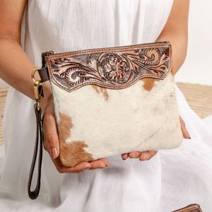 Custom Women's Cowhide Cow Hide Leather Wallet With Creative Floral Hand Tooled Design <b>Mini</b> Fashion <b>Pouch</b> Bag Daily Use - Product Image 1