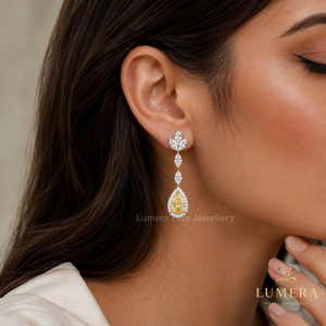 Boucles d'oreilles pendantes de luxe en or 14 carats avec diamant de laboratoire jaune fantaisie taille poire, halo de diamants, motif floral en feuille de marquise, bijoux de mariage imposants - Product Image 4