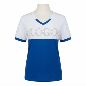 Blue <b>White</b> V Neck Color Block Customized Premium Cotton Greek Apparel Greek Life T Shirts Rhinestone Sorority <b>Tshirt</b> - Product Image 1