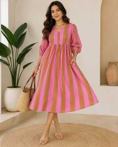 Robe Courte Rose Marron Rayée Col V Coupe Trapèze Manches Bouffantes Taille Naturelle 100% Coton Imprimé Numérique Décontractée Formelle Simple Robe d'Été - Product Image 4