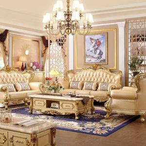 Ensemble de canapé-lit en bois d'acajou classique européen Plaza avec revêtement en tissu crème doré écologique, durable et confortable - Product Image 1