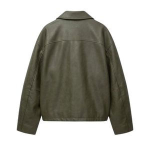 Olive Green Soft PU <b>Women</b> <b>Leather</b> <b>Jacket</b> Breathable Comfortable Straight Hem Fold Down Neck Cuffed Sleeves <b>Womens</b> Coats - Product Image 2