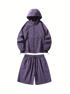 Conjunto de Chaqueta Cortavientos Morada Unisex con Capucha y Pantalones Cortos, Resistente al Agua, Cierre de Cremallera, Cintura Elástica, Corte Holgado, para Todas las Temporadas - Product Image 3