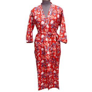 Robe kimono florale pour femmes, 100% coton, séchage rapide, col en V, manches trois quarts, imprimé numérique indien, longueur intégrale, ceinture - Product Image 1