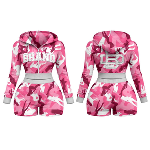 Pink Camo Women's 2-Piece Hoodie <b>Shorts</b> Set Full Sleeve Zipper Casual Sportswear Spring Summer Knitted Spandex <b>Polyester</b> - Product Image 1