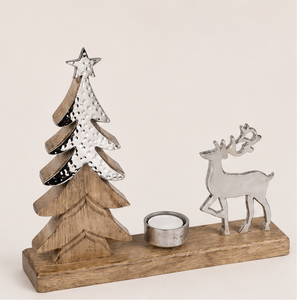 Handmade Silver Metal Reindeer & <b>Christmas</b> <b>Tree</b> Tealight Candle Holder Solid Mango Wood Base Festive Winter <b>Table</b> Centerpiece - Product Image 1