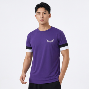 Maillot à manches courtes pour homme, col rond, logo brodé, évacuation de l'humidité, coupe classique, vêtements pour adultes, couleur violette - Product Image 3
