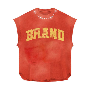 Women Sleeveless T Shirt Premium Cotton Jersey 180 GSM Acid Wash Blue <b>Studded</b> Neck Distressed Print Custom Logo Streetwear - Product Image 5